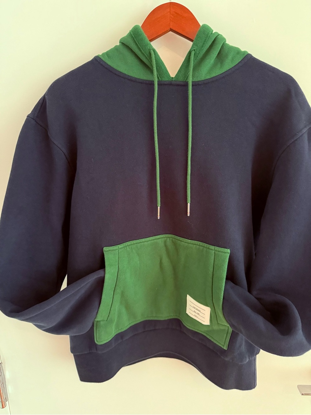Thom Browne Color Block Sweatshirt with Green Hood & Pocket